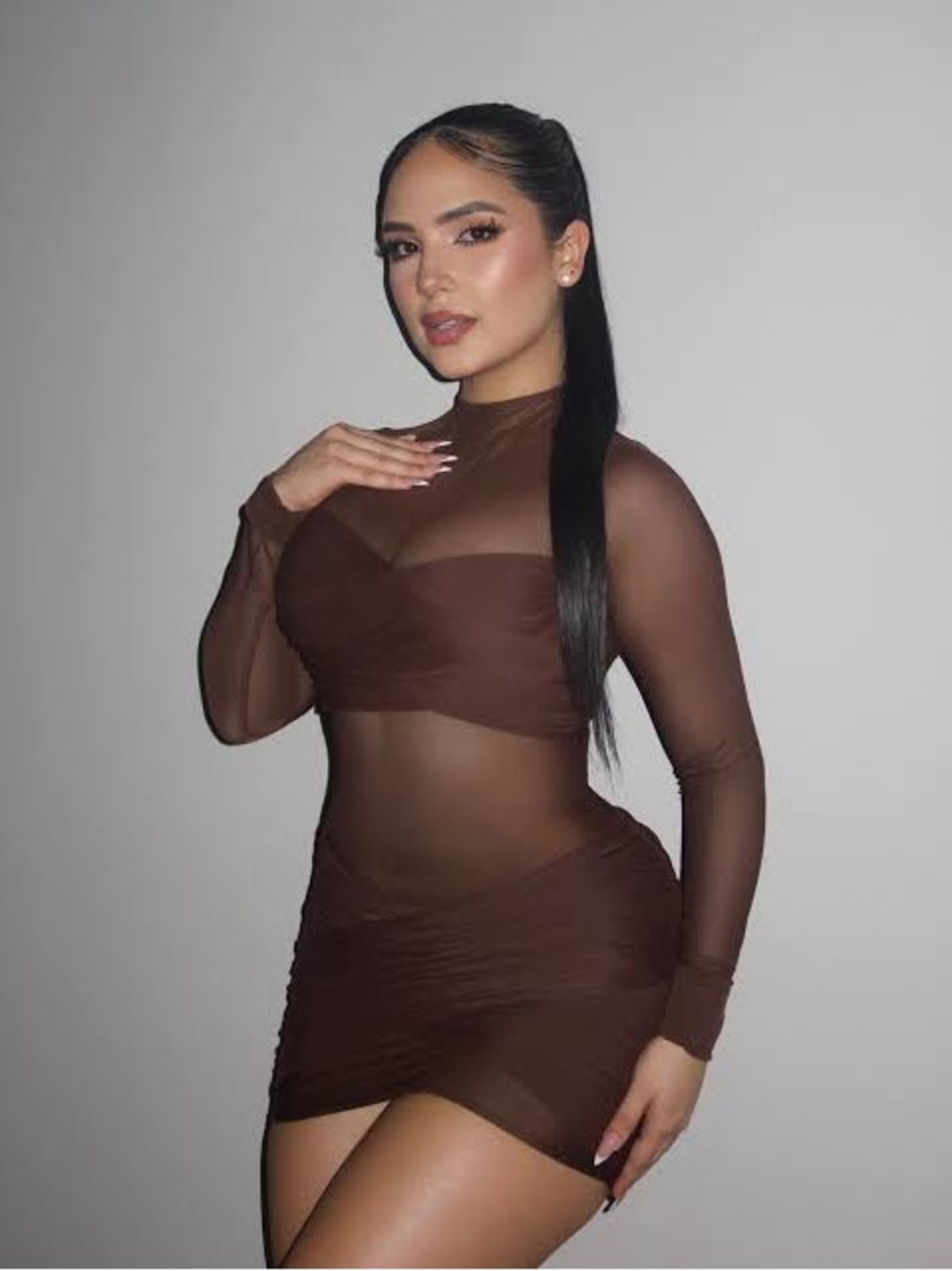Gracie Form Double Lined Mini Dress - Chocolate Mesh Brown Ruched Mini Dress